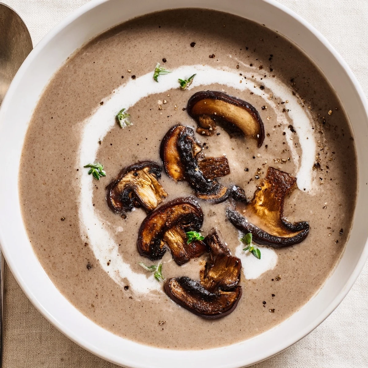 Creamy mushroom soup steaming in bowl, earthy aroma with parsley garnish.