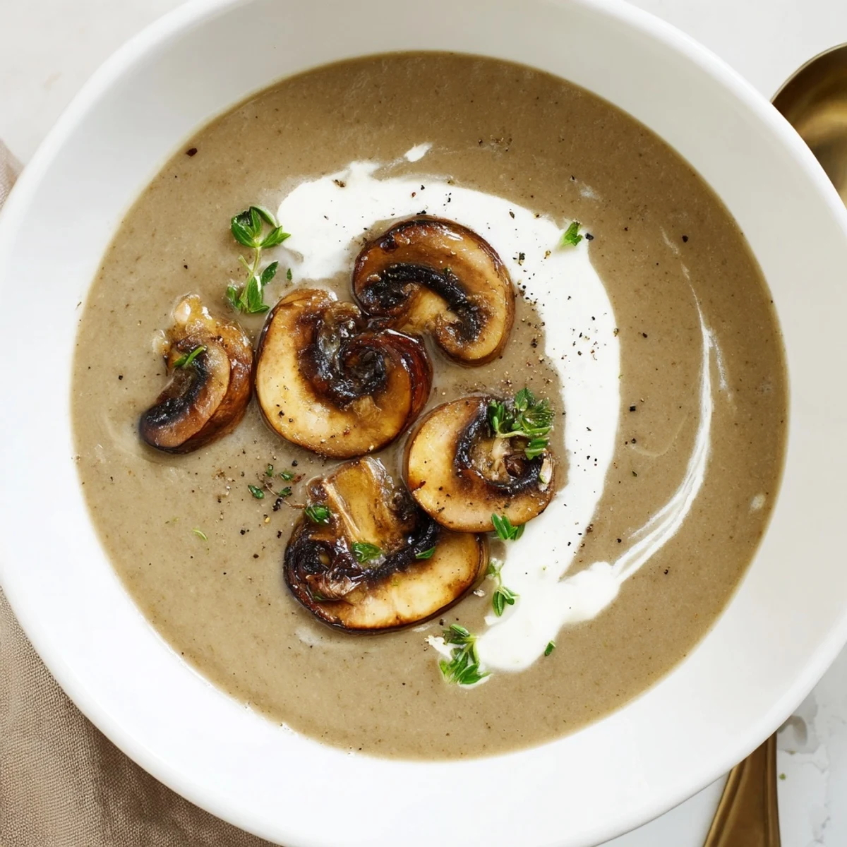 Warm mushroom soup ladled into bowls, creamy texture ideal with crusty bread.