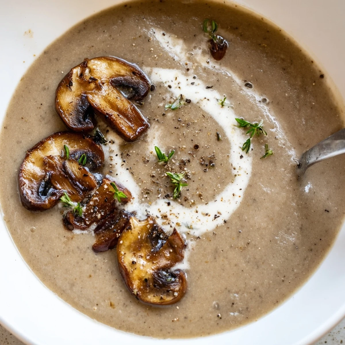Velvety bowl garnished with parsley, browned mushrooms, garlic aroma, Mushroom Soup.