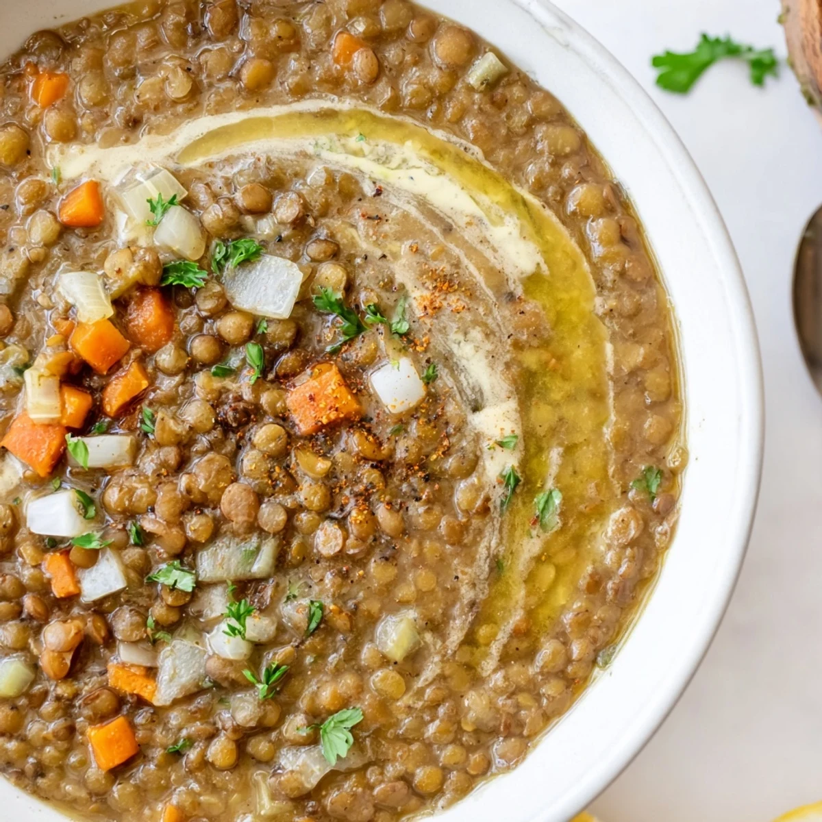 Bowl of Lentil Soup with crusty bread, lemon brightness and warmth