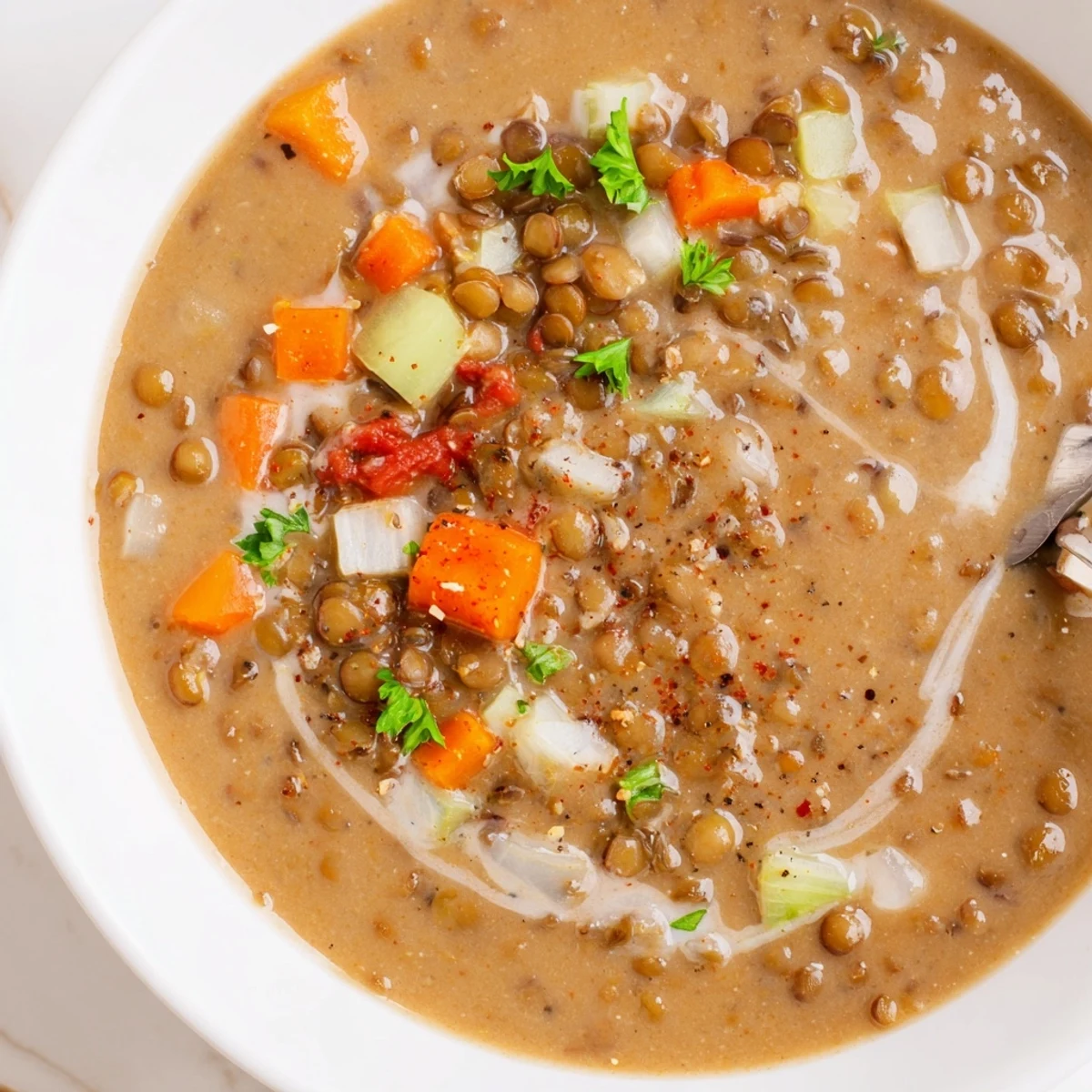 Lentil Soup steaming in a bowl, hearty vegetables and parsley garnish