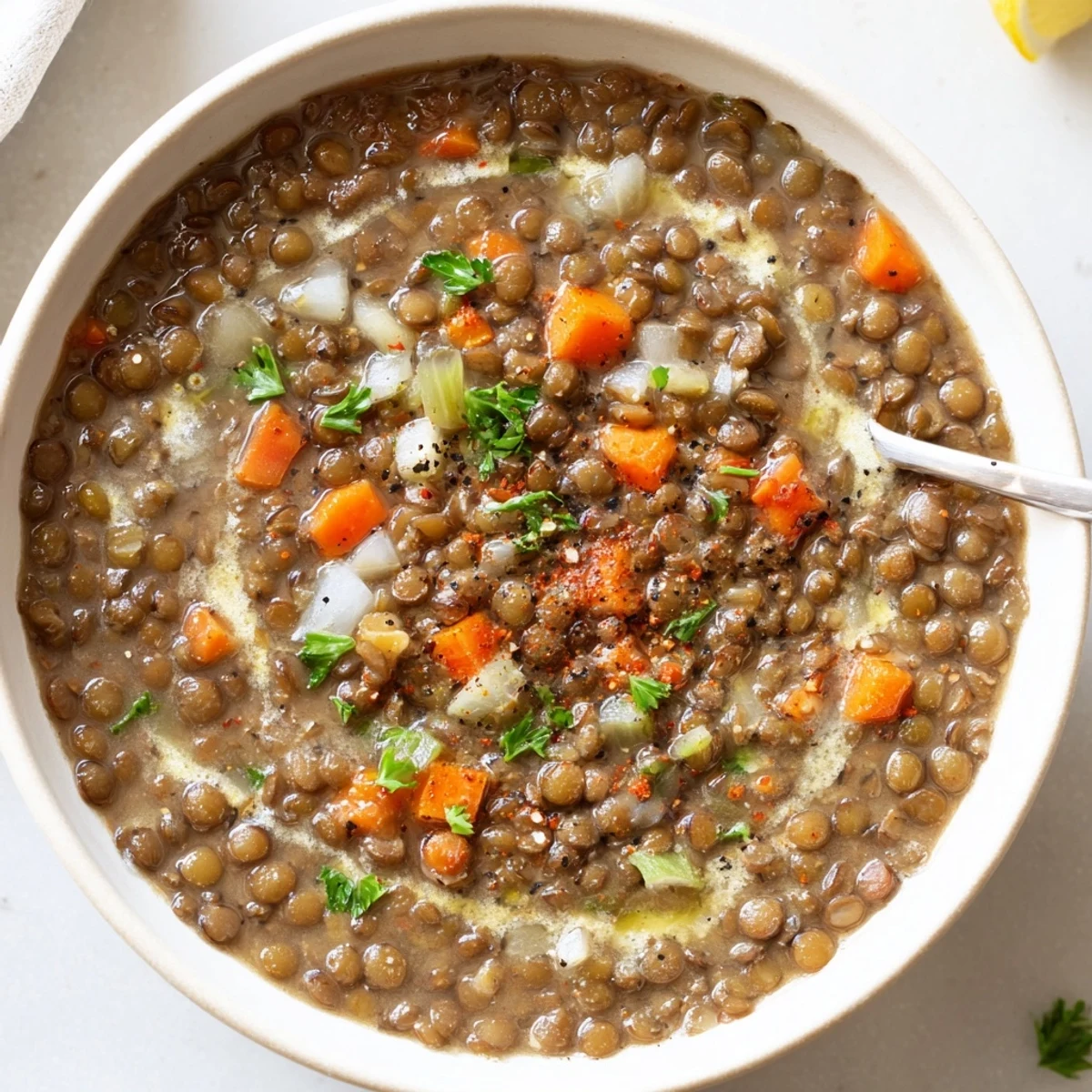 Rustic pot of Lentil Soup simmering, cumin aroma and tender lentils