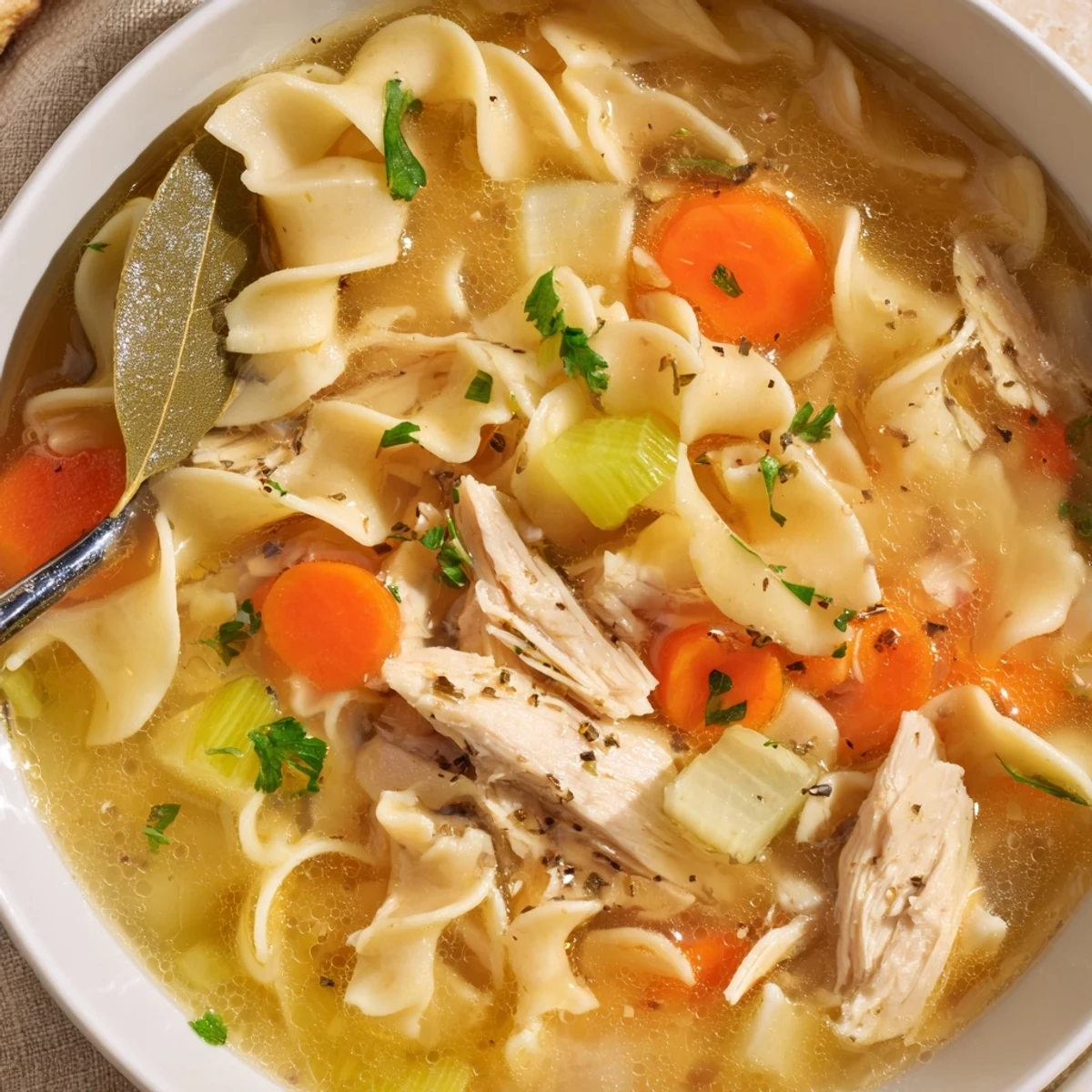 Steaming Chicken Noodle Soup with tender chicken, carrots, and fresh parsley