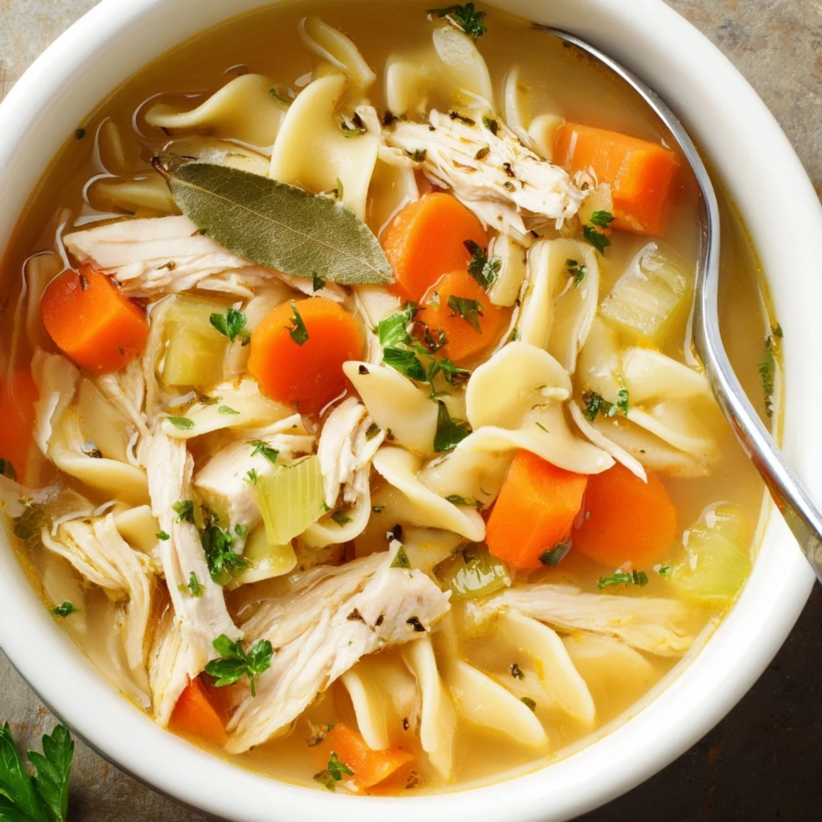 Homestyle Chicken Noodle Soup showing egg noodles, golden broth, aromatic thyme
