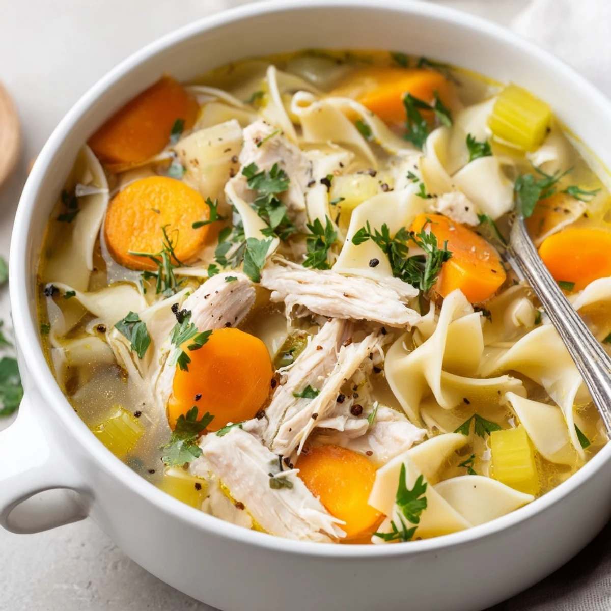 Warm homemade Chicken Soup ladled over noodles, fragrant thyme and pepper.