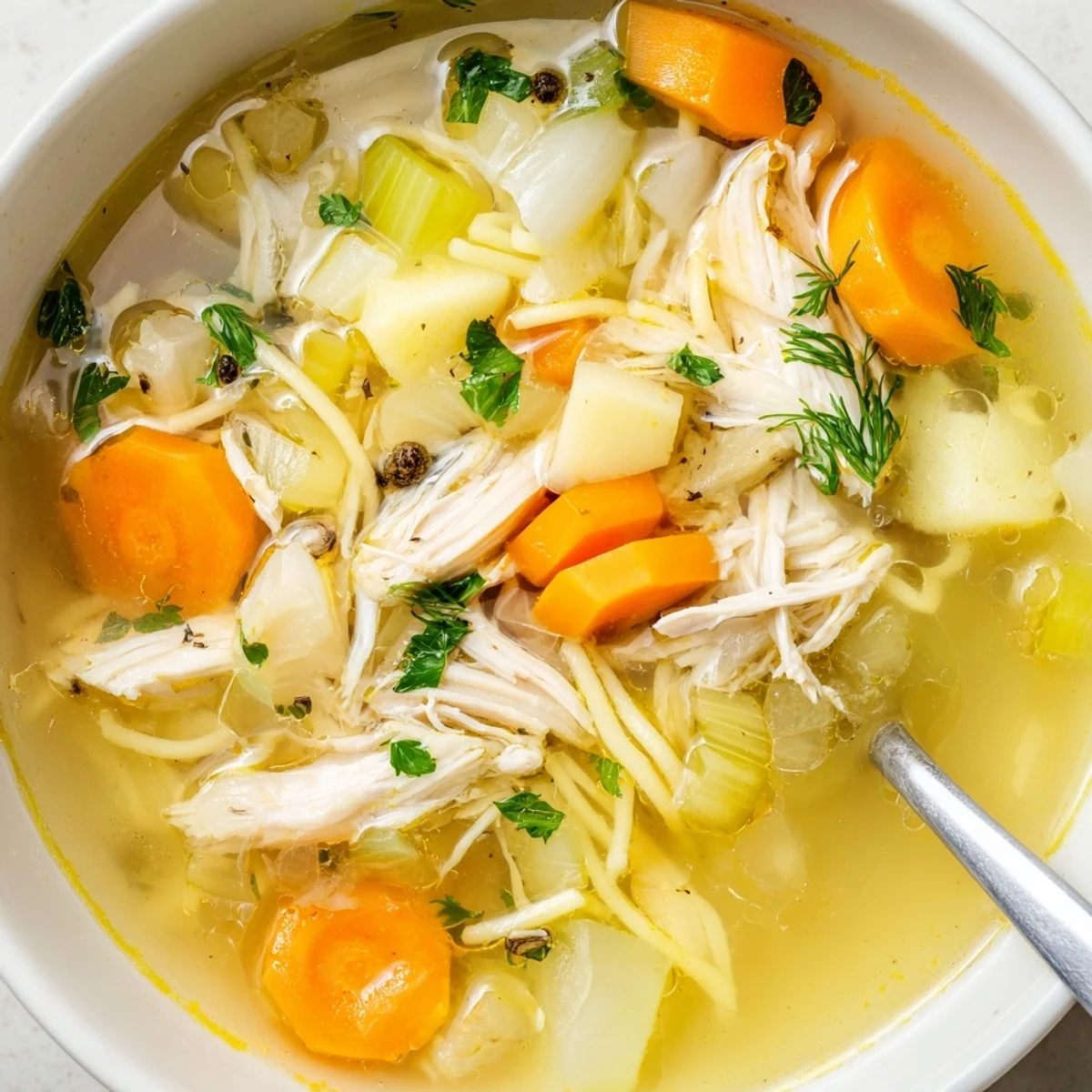 Hearty Chicken Soup steaming in bowl with carrots, celery, fresh parsley.