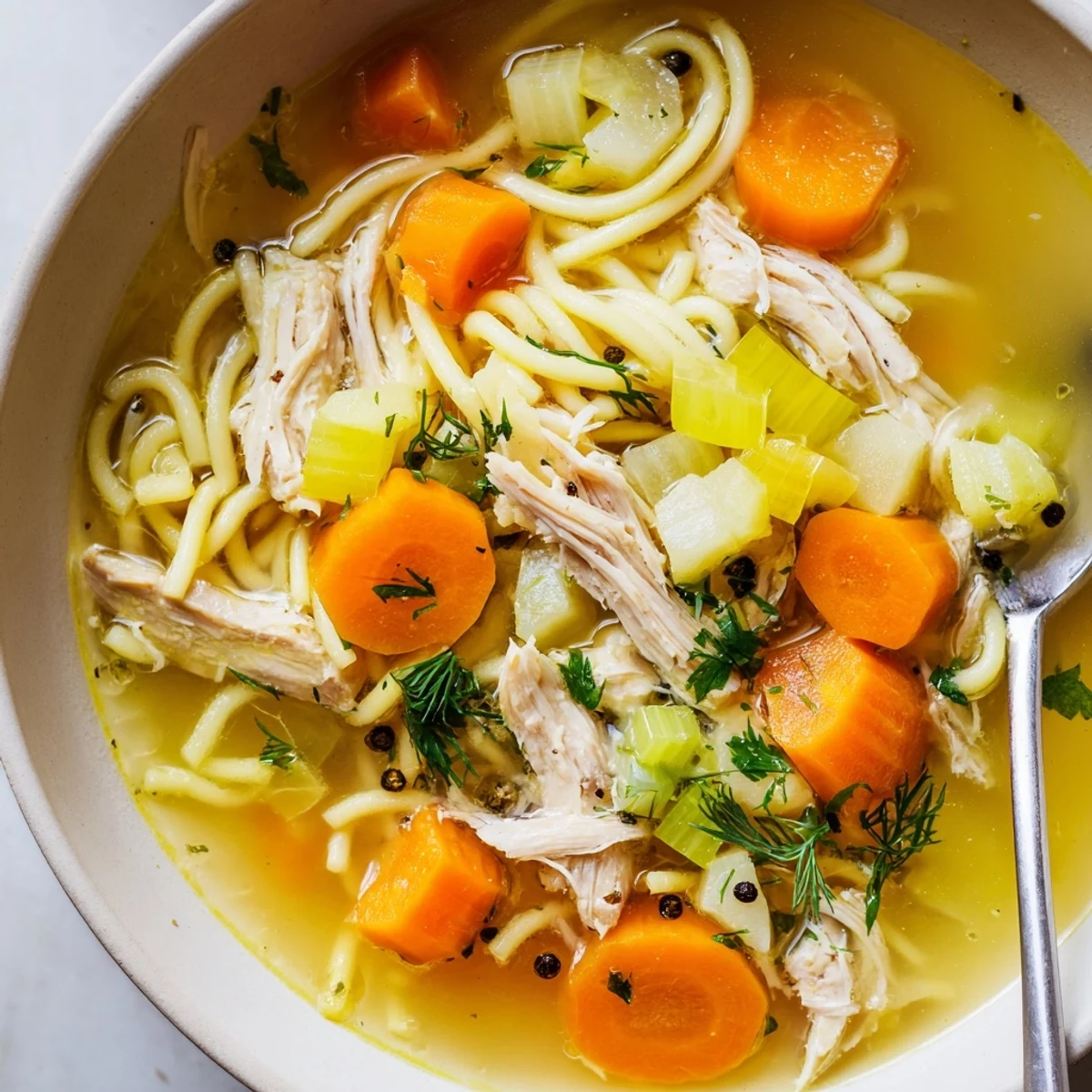 Comforting Chicken Soup bubbling gently in pot, ready to serve with bread.