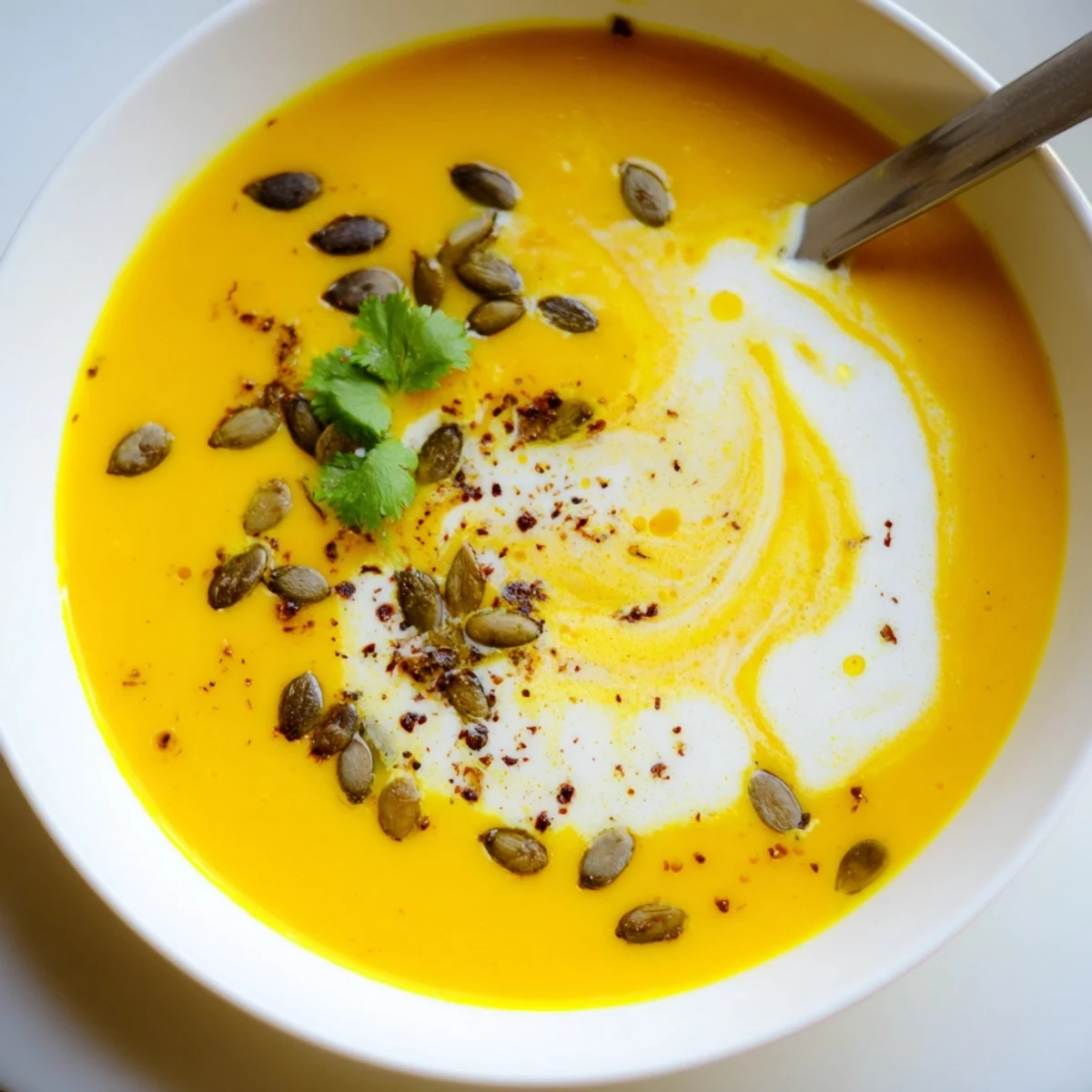 Pumpkin Soup steaming in a bowl, silky texture, warm nutmeg aroma