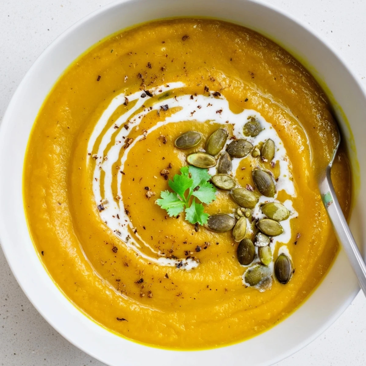 Roasted Pumpkin Soup served with crusty bread, fragrant cumin and parsley