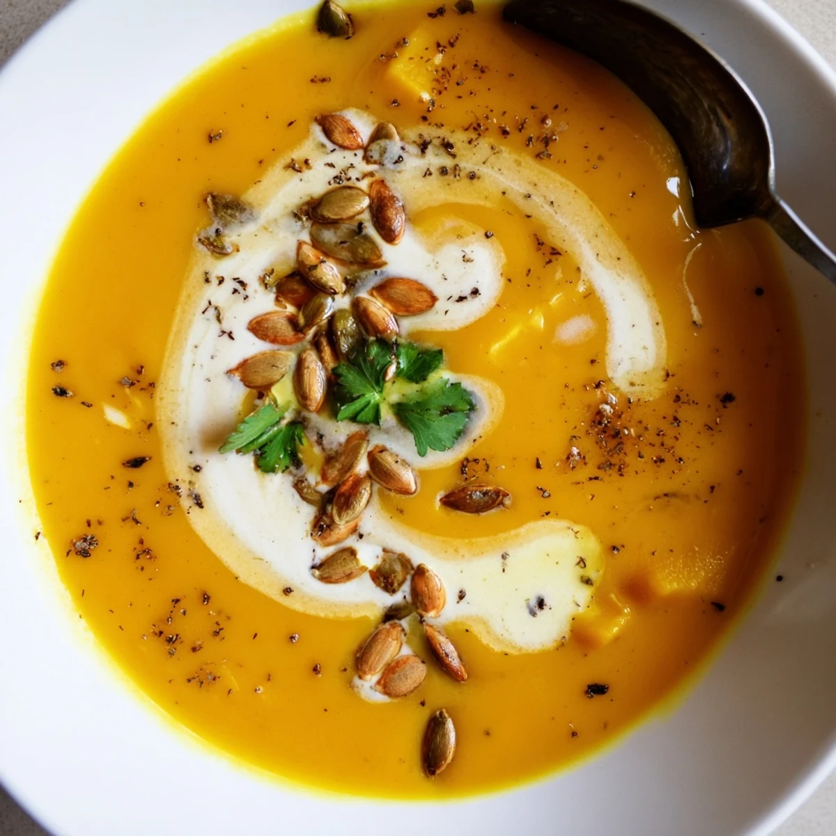 Hearty Pumpkin Soup garnished with roasted seeds, coconut cream swirl, cozy