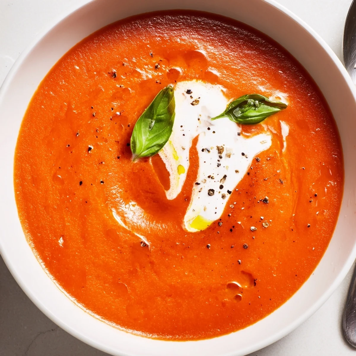 Creamy Tomato Soup steaming in a bowl, garnished with fresh basil  