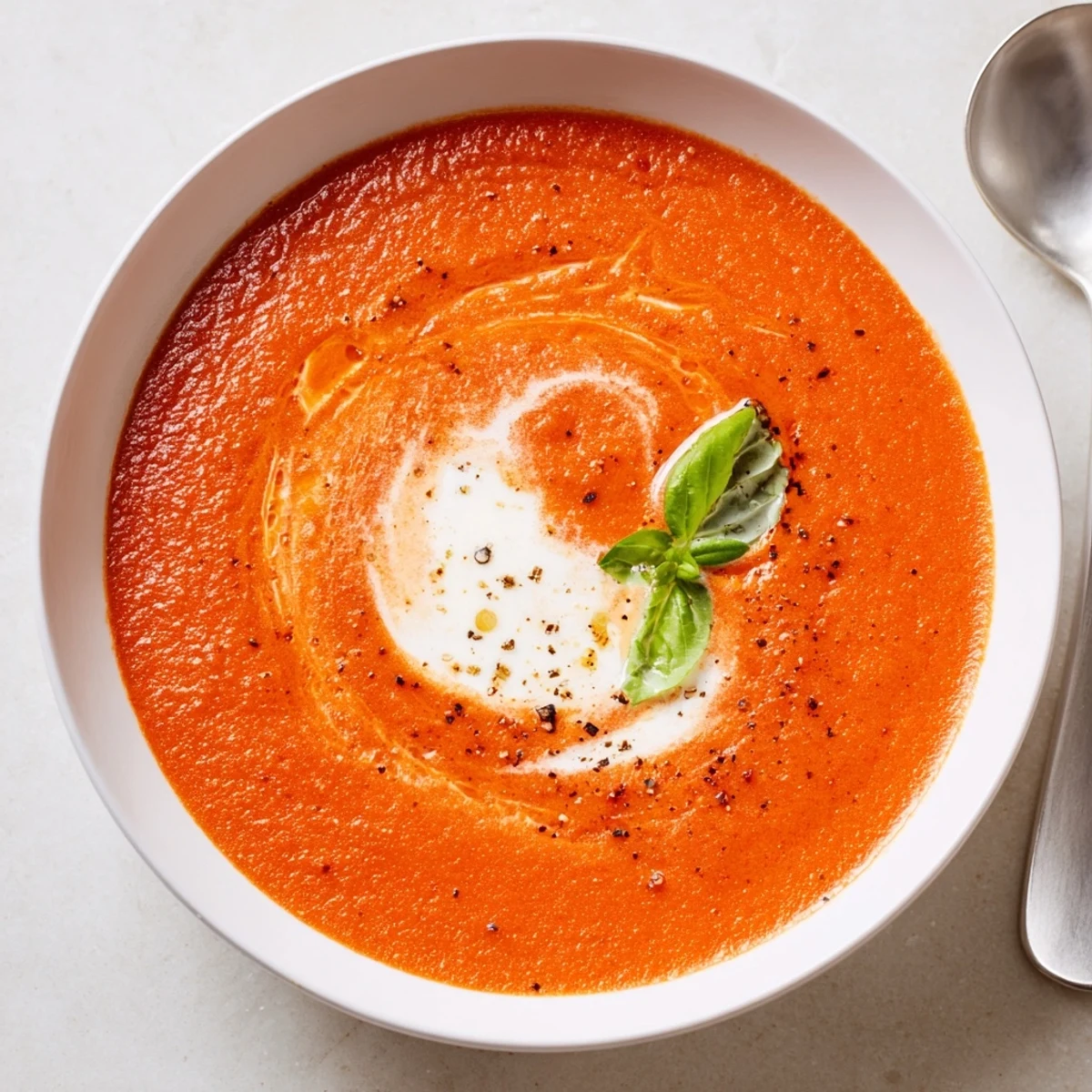 Warm Tomato Soup silky smooth, served with crusty bread and butter  