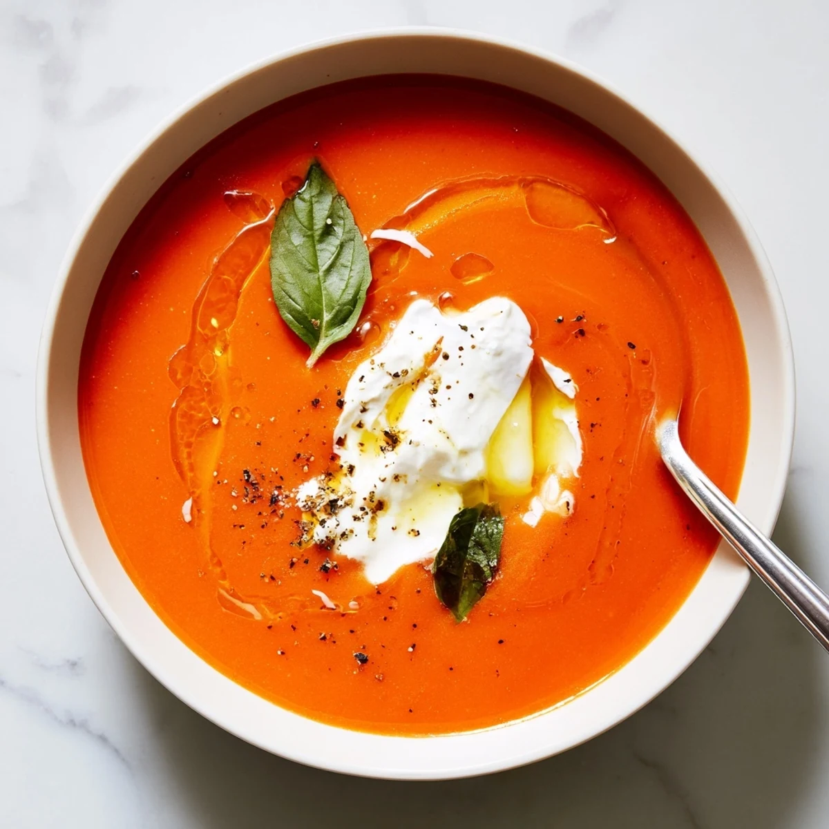 Roasted Tomato Soup with caramelized onions, ladled into a rustic bowl