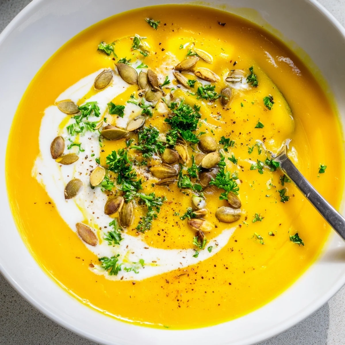 Carrot Soup warm and silky, garnished with chives and crusty bread
