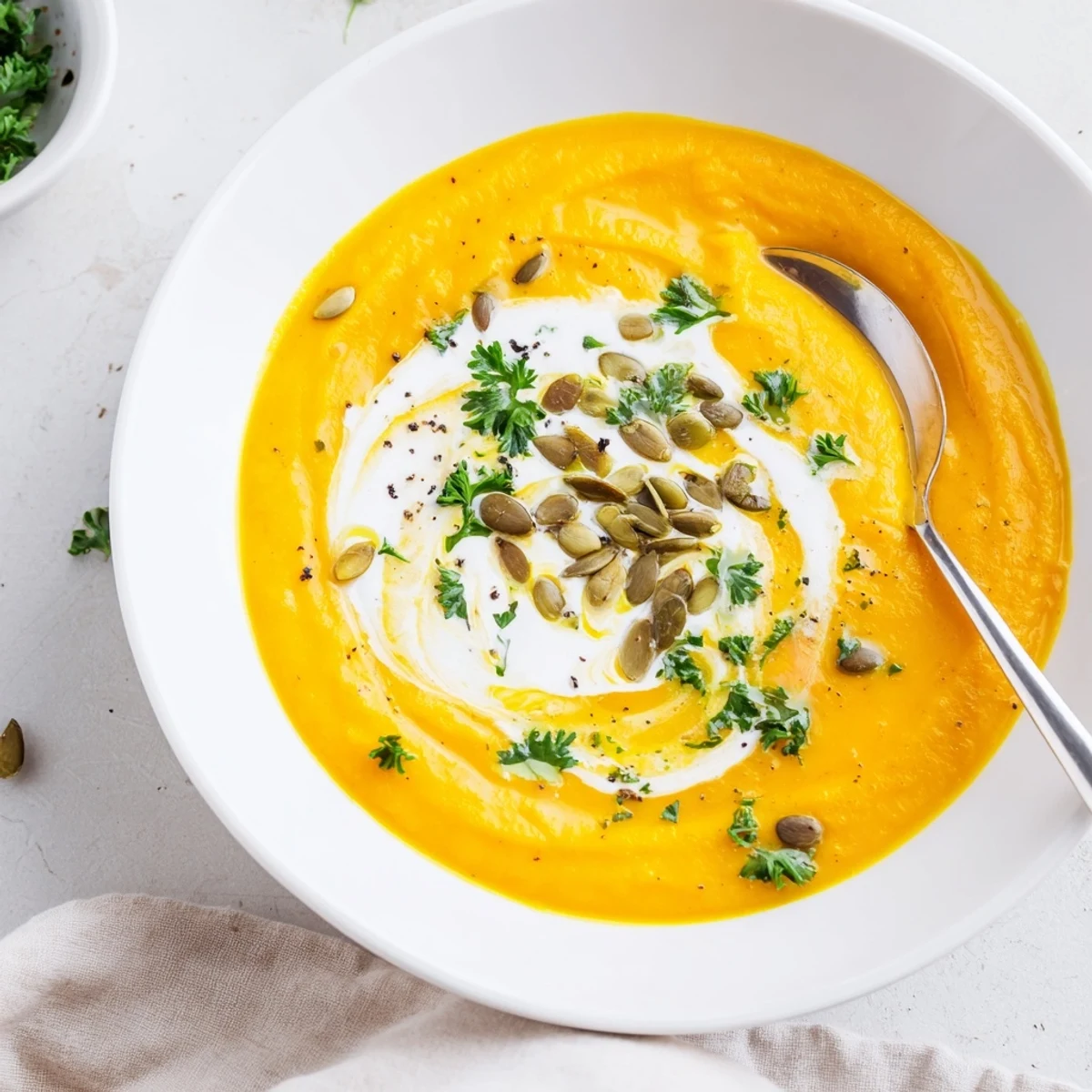 Velvety Carrot Soup spiced with cumin and ginger, finished with cream