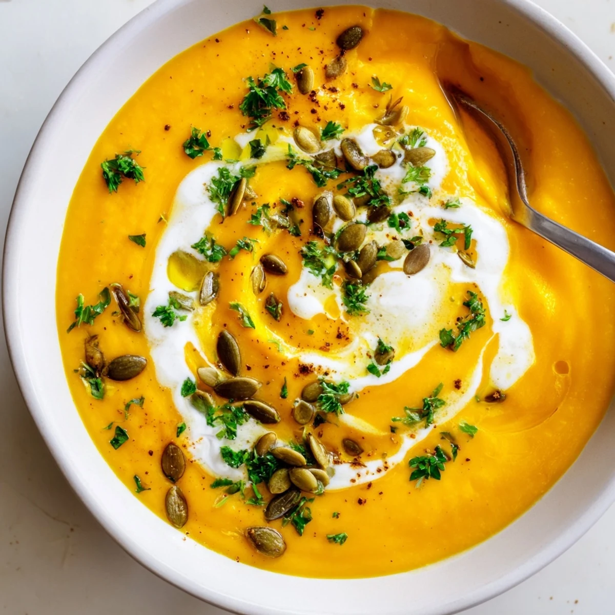 Bowl of homemade Carrot Soup steaming, aromatic spices, sprinkled parsley