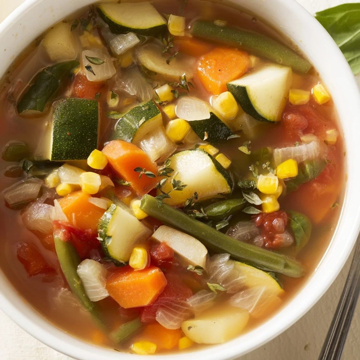 Steaming Vegetable Soup with tender vegetables, herby broth, served in bowls.