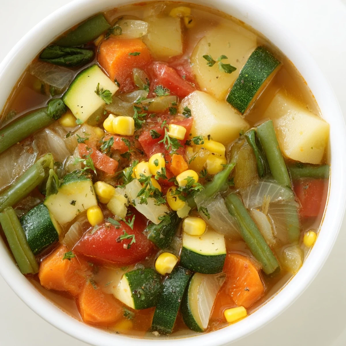 Chunky Vegetable Soup simmering in a pot, garnished with fresh parsley.