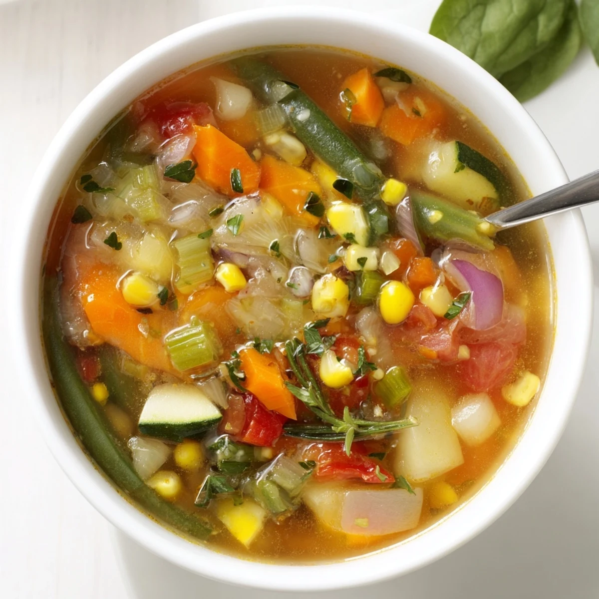 Warm Vegetable Soup with bright vegetables and savory herbs, paired with bread.