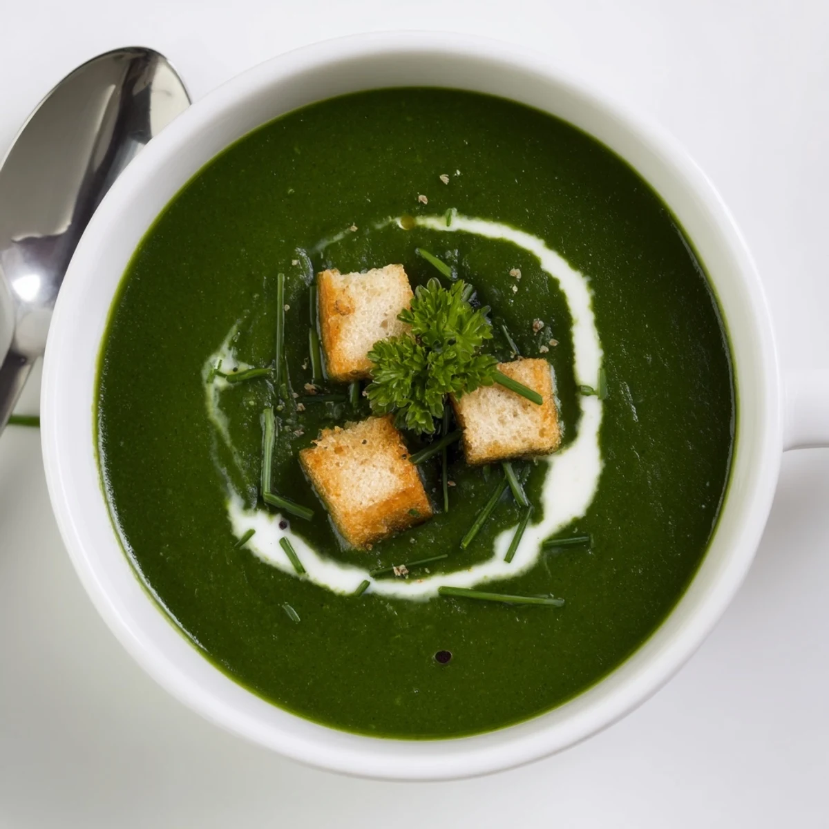 Spinach Soup served steaming in bowl, silky green texture, cream swirl
