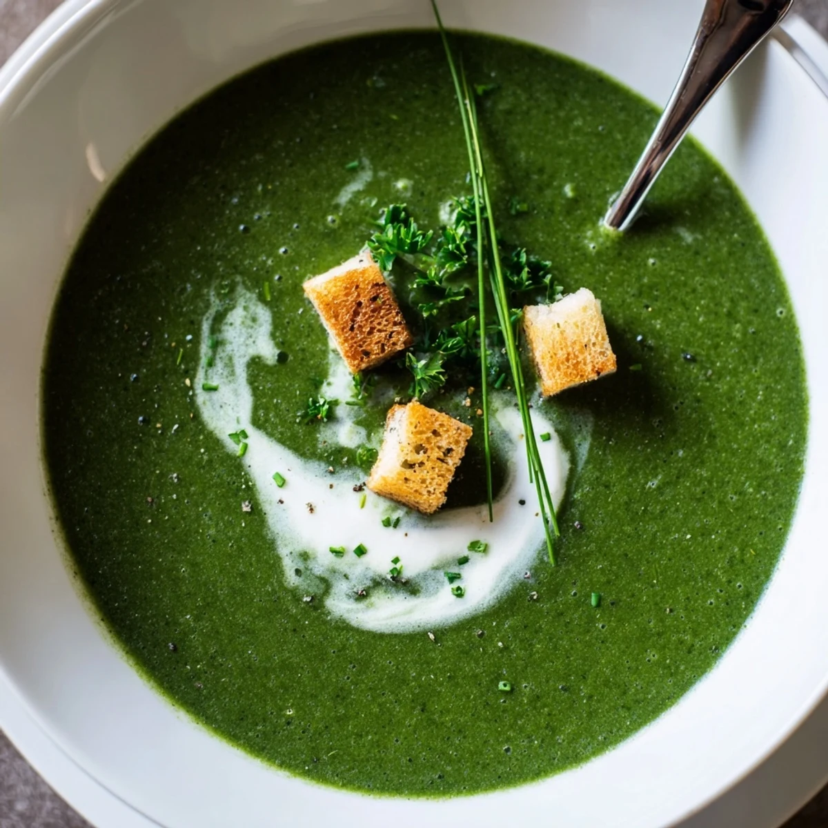 Homemade Spinach Soup with rustic croutons, bright aroma, velvety finish