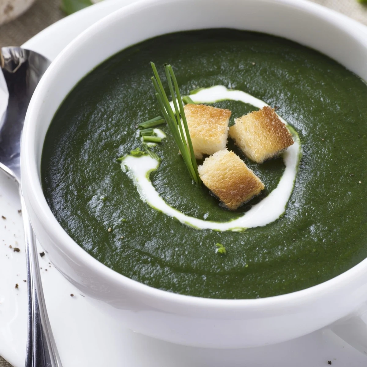 Warm Spinach Soup, vibrant green, ladled into bowl with crusty bread