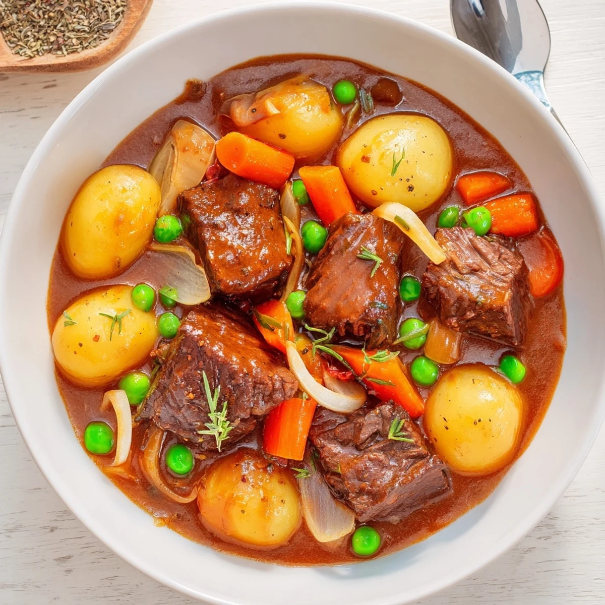 Beef Stew bubbling in a Dutch oven, tender beef and vegetables