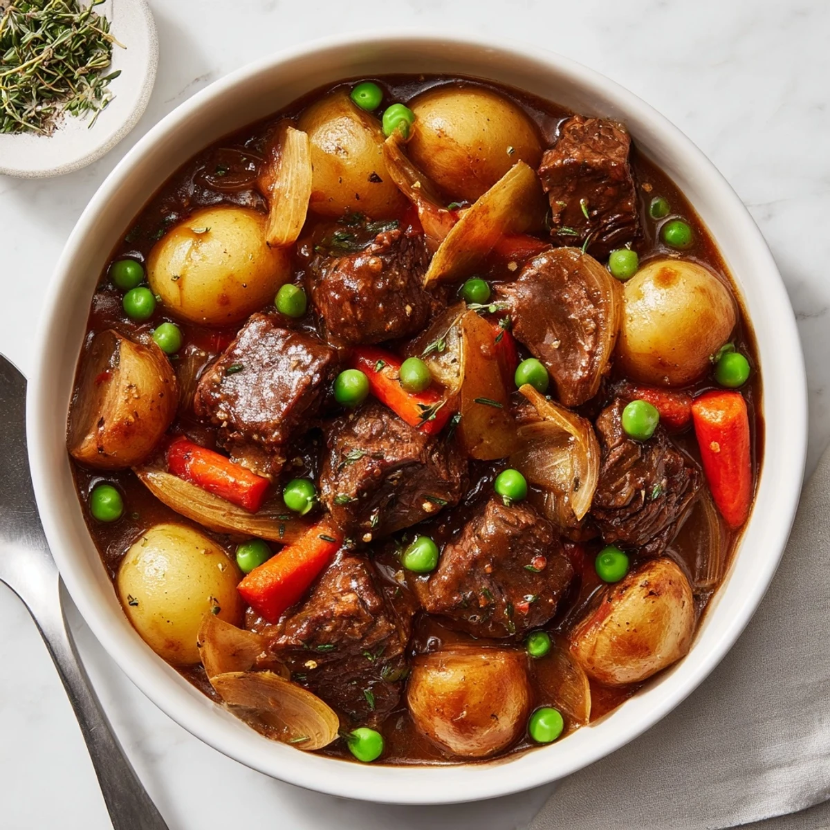 Warm Beef Stew served with crusty bread, steam rising, savory aroma