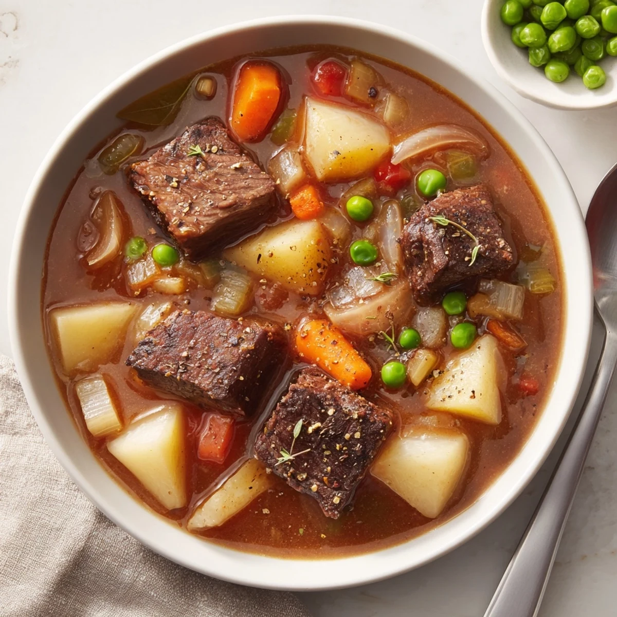 Hearty Beef Stew ladled into a bowl, rich broth and carrots