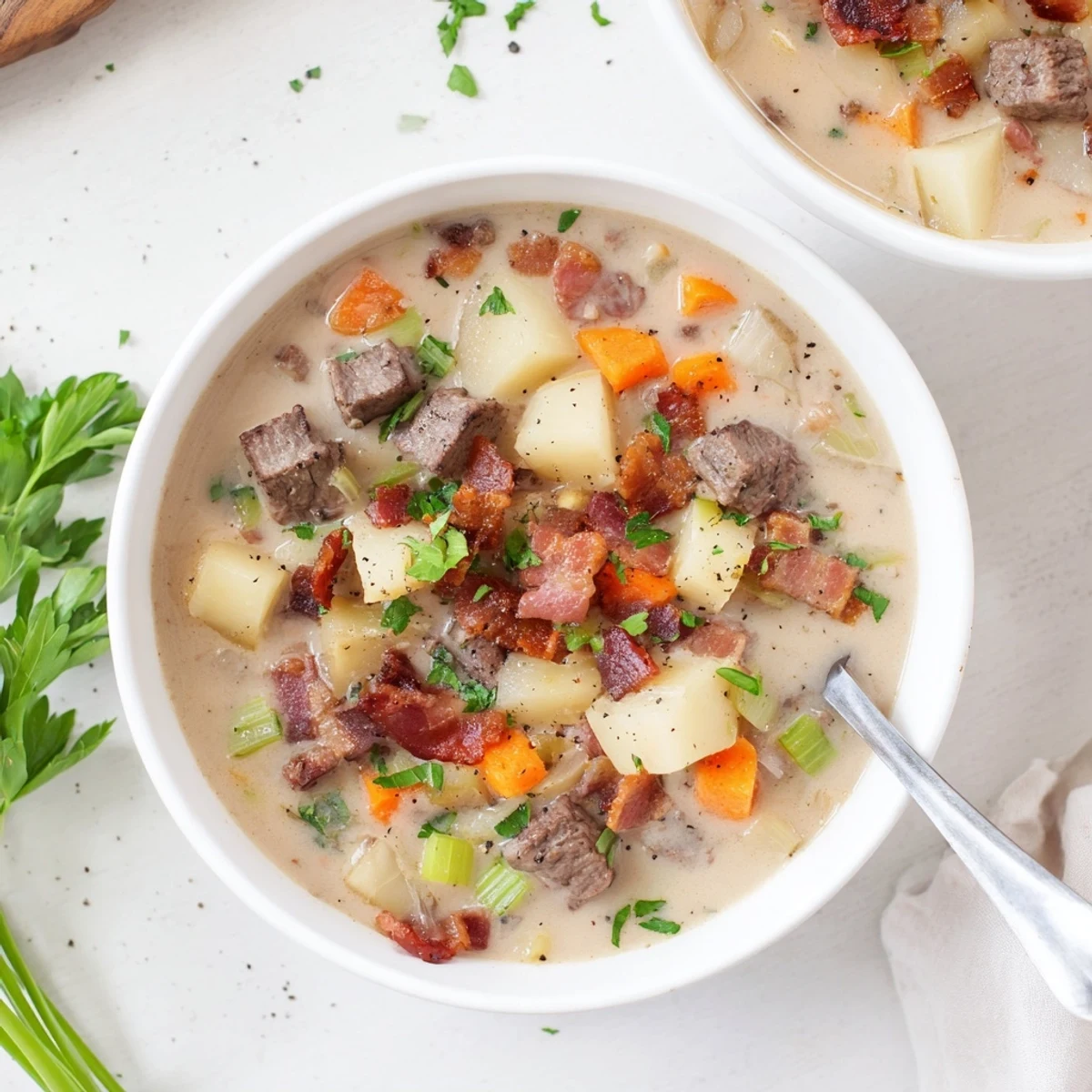 Creamy smoky beef and potato soup garnished with fresh parsley in a white bowl