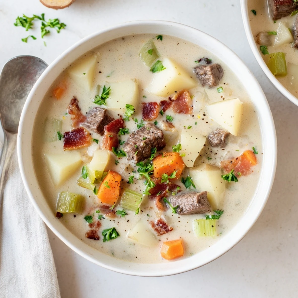 Rich creamy smoky beef and potato soup served hot with rustic bread and black pepper