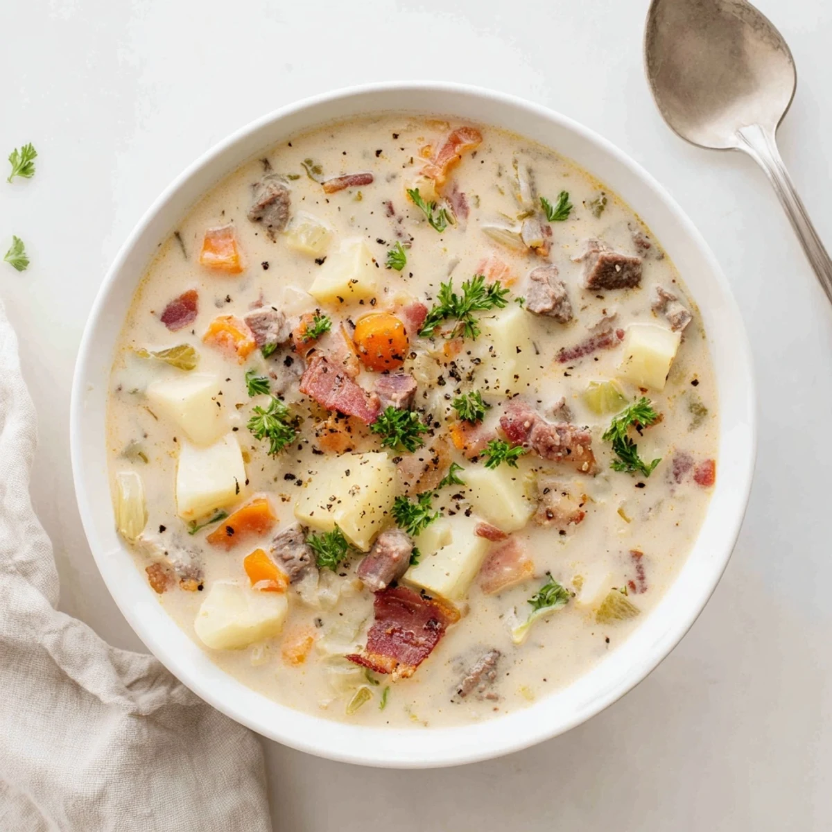 Steaming bowl of creamy smoky beef and potato soup with tender beef cubes and diced potatoes