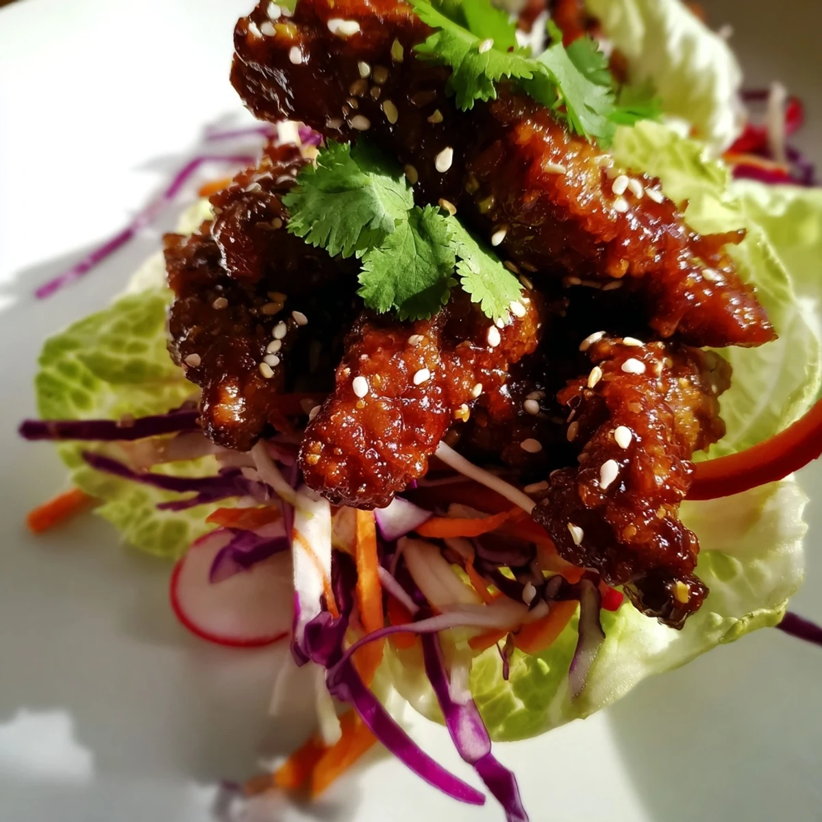 Crisp butter lettuce cups filled with caramelized gochujang chicken and fresh vegetable slaw