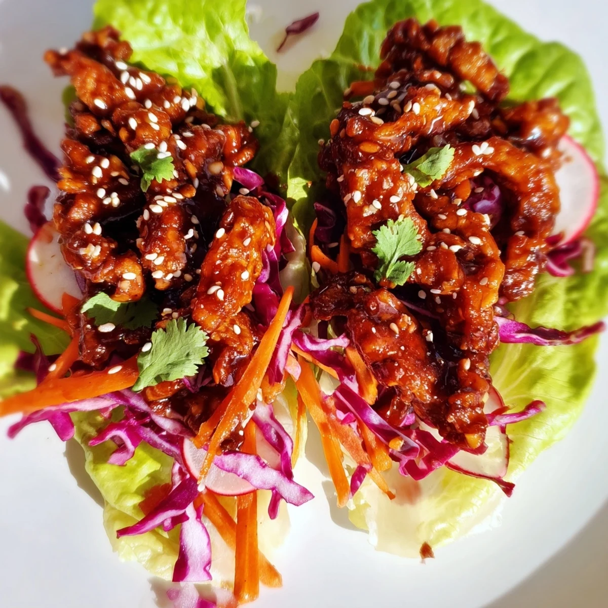 Spicy Korean chicken lettuce wraps topped with colorful crunchy slaw and sesame seeds