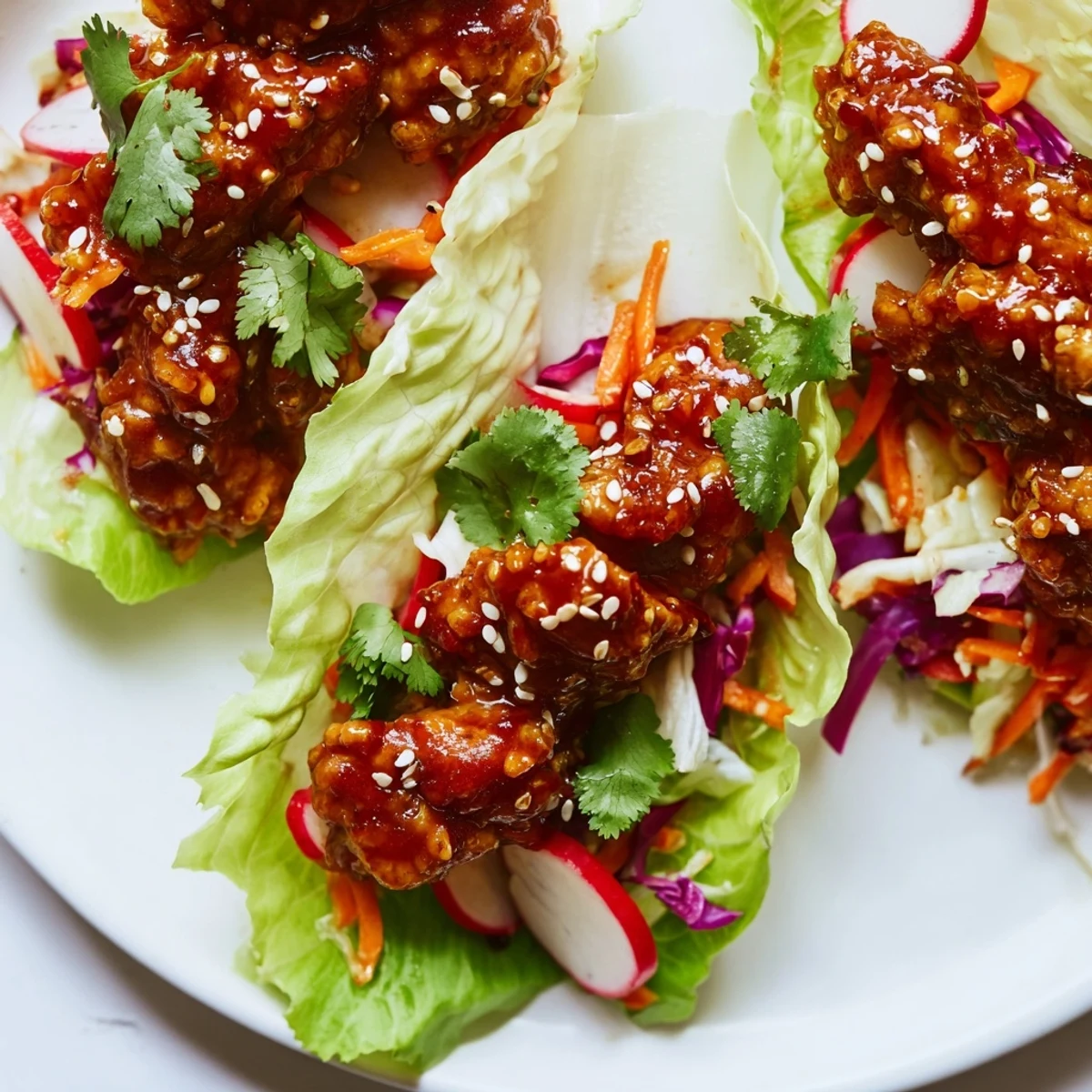 Gluten-free Korean chicken wraps in lettuce leaves with vibrant cabbage carrot slaw garnish
