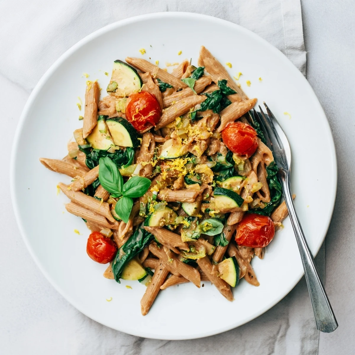 Creamy healthy cottage cheese pasta tossed with colorful vegetables and fresh green basil garnish