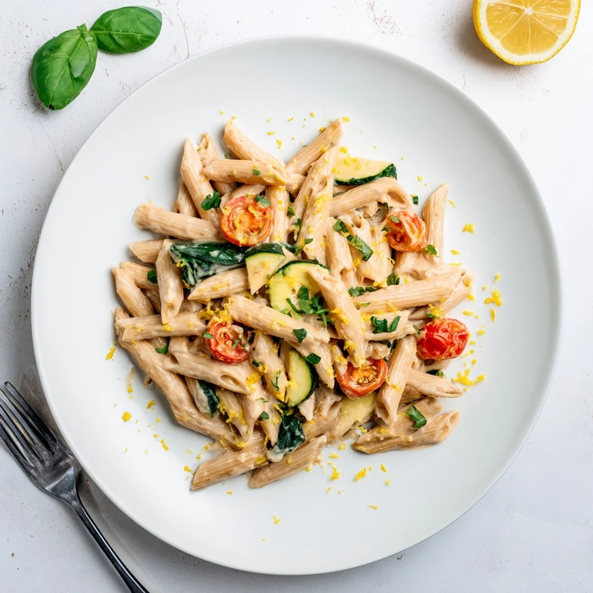 Whole wheat penne coated in smooth cottage cheese sauce alongside roasted zucchini and cherry tomatoes