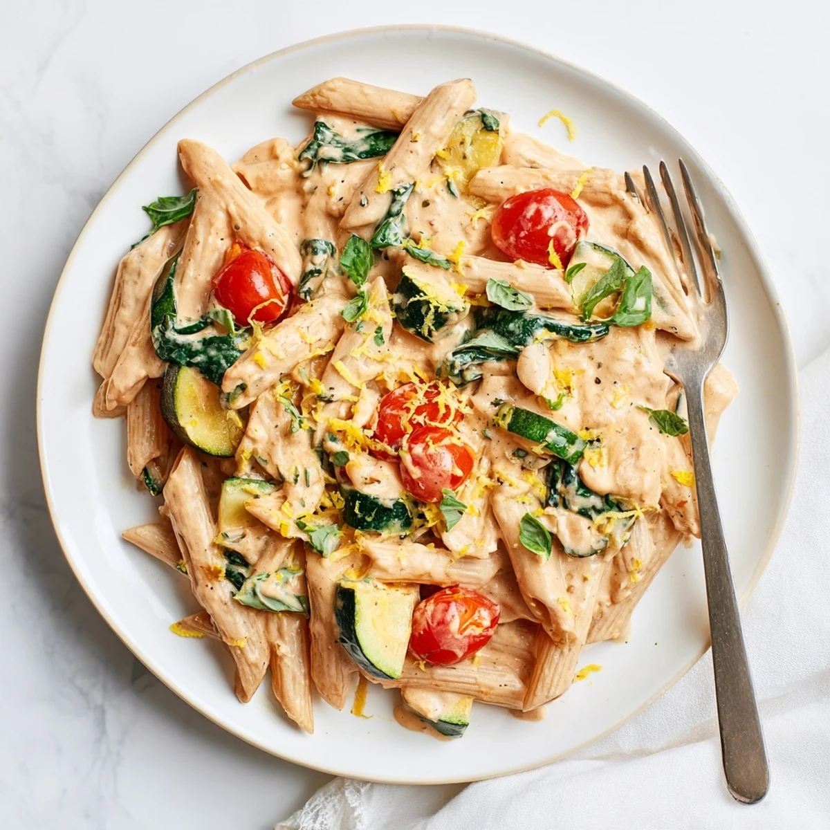 Protein-rich healthy cottage cheese pasta bowl featuring sautéed spinach and lemon zest on white plate