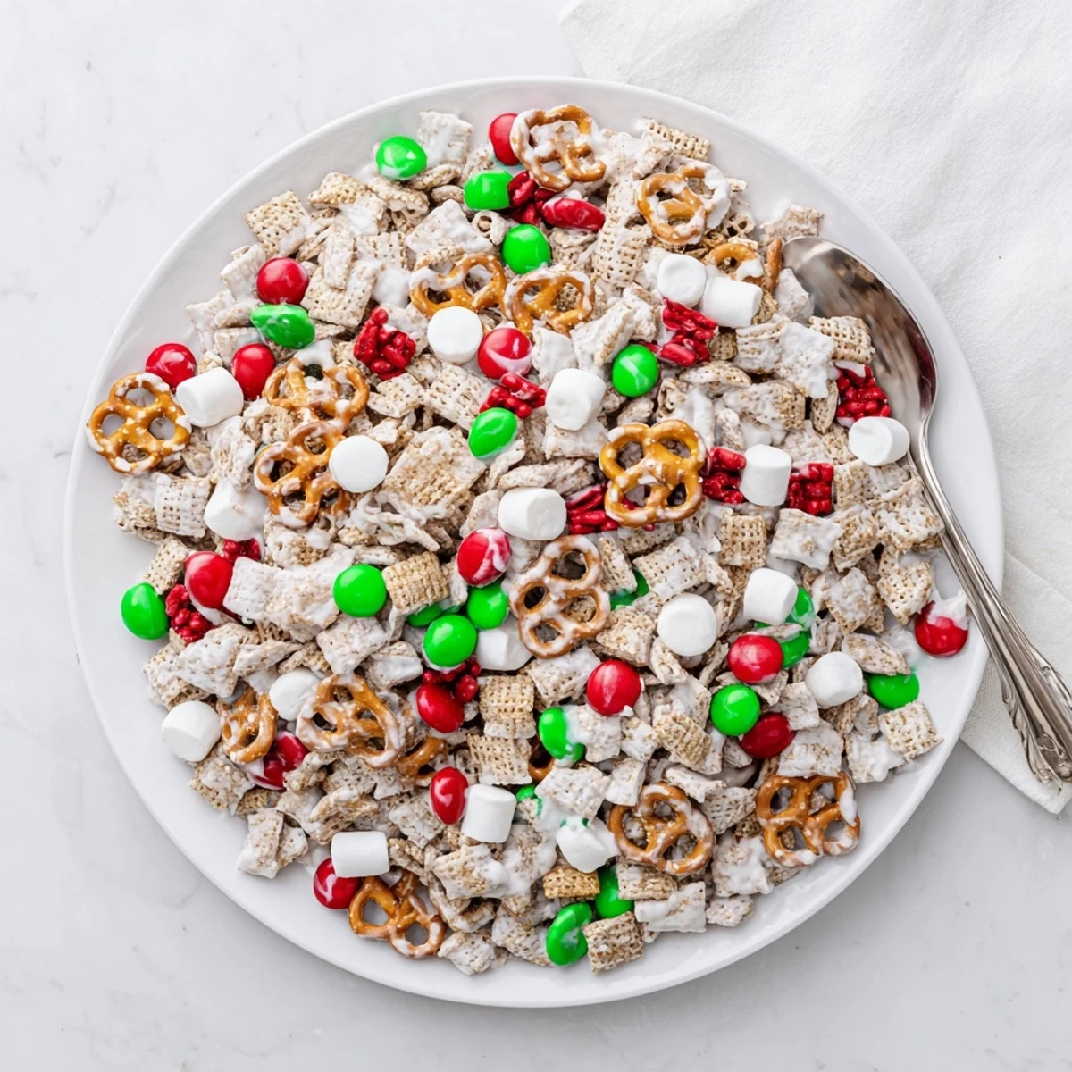 Colorful bowl of Reindeer Food snack mix with white chocolate drizzle and red green candies