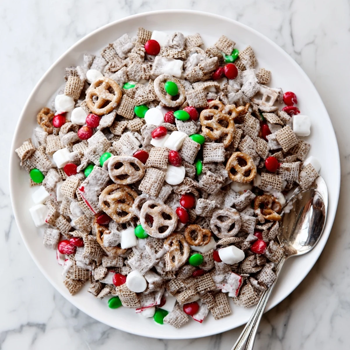 Festive Christmas Reindeer Food sweet treat mix coated in melted white chocolate on parchment paper