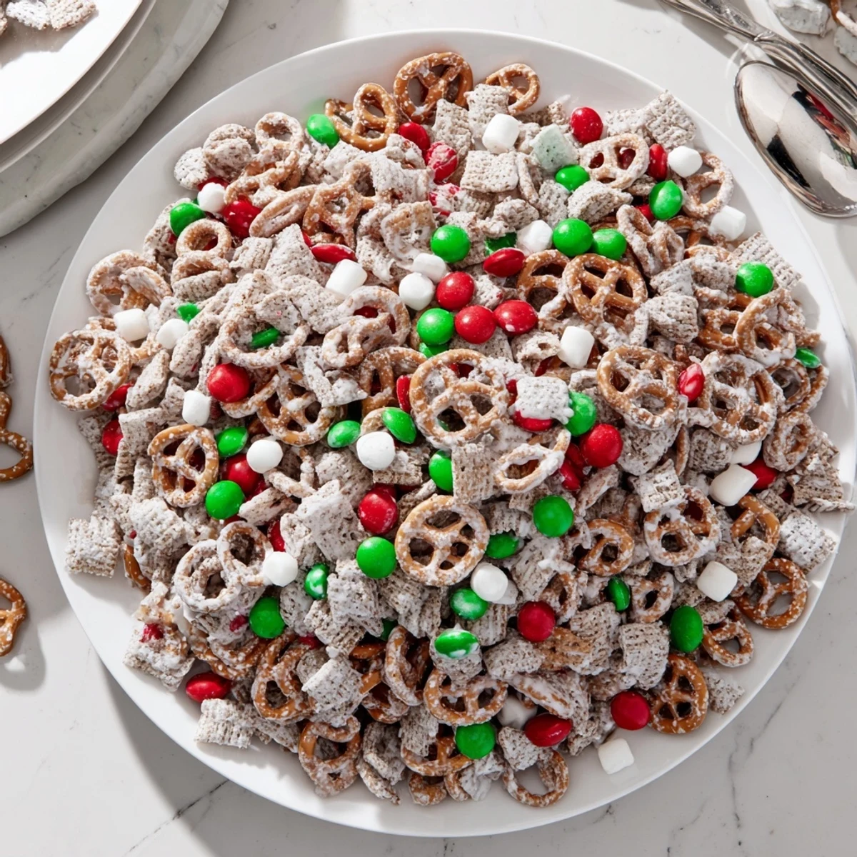 Crunchy holiday Reindeer Food recipe with cereal pretzels marshmallows and colorful chocolate candies in bowl