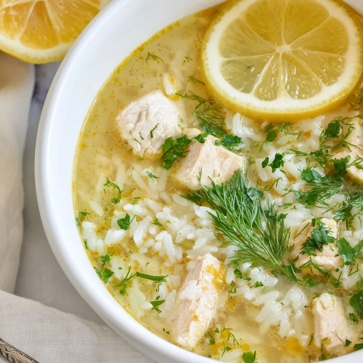 Creamy Greek lemon chicken soup bowl topped with fresh dill and tender rice pieces