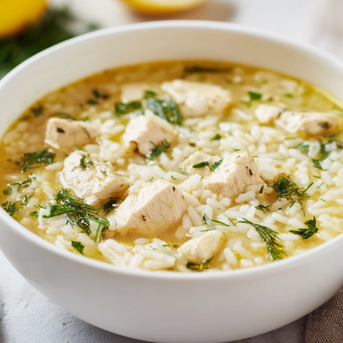 Homemade Greek lemon chicken soup with bright yellow broth, succulent chicken pieces, and green herb garnish