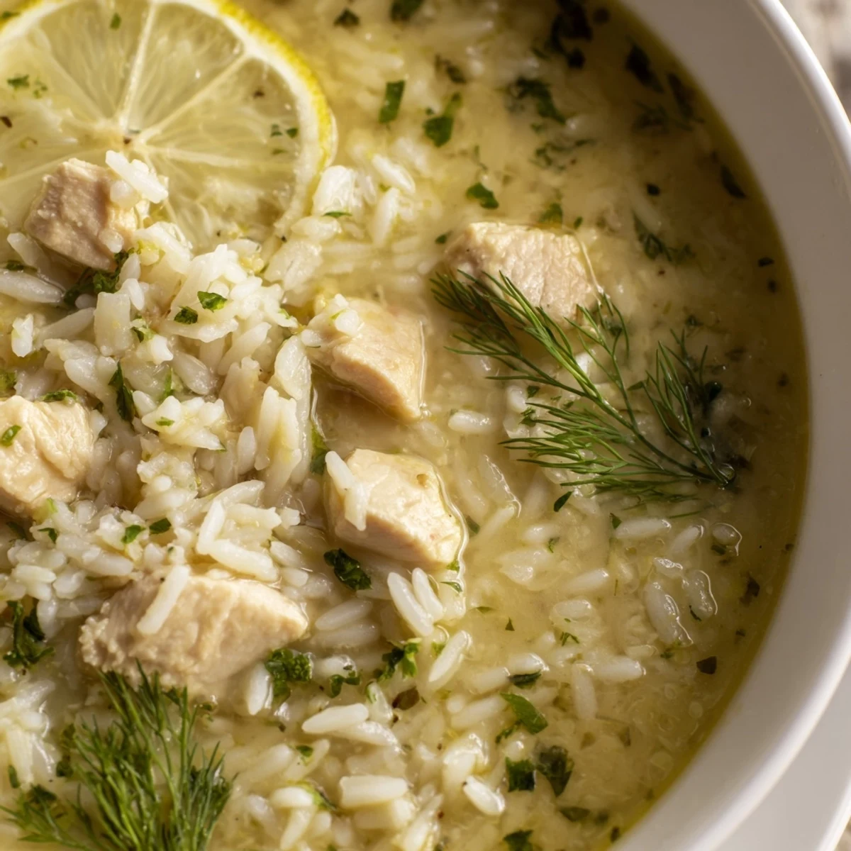Golden Greek lemon chicken soup served in white bowl with fluffy rice and shredded chicken