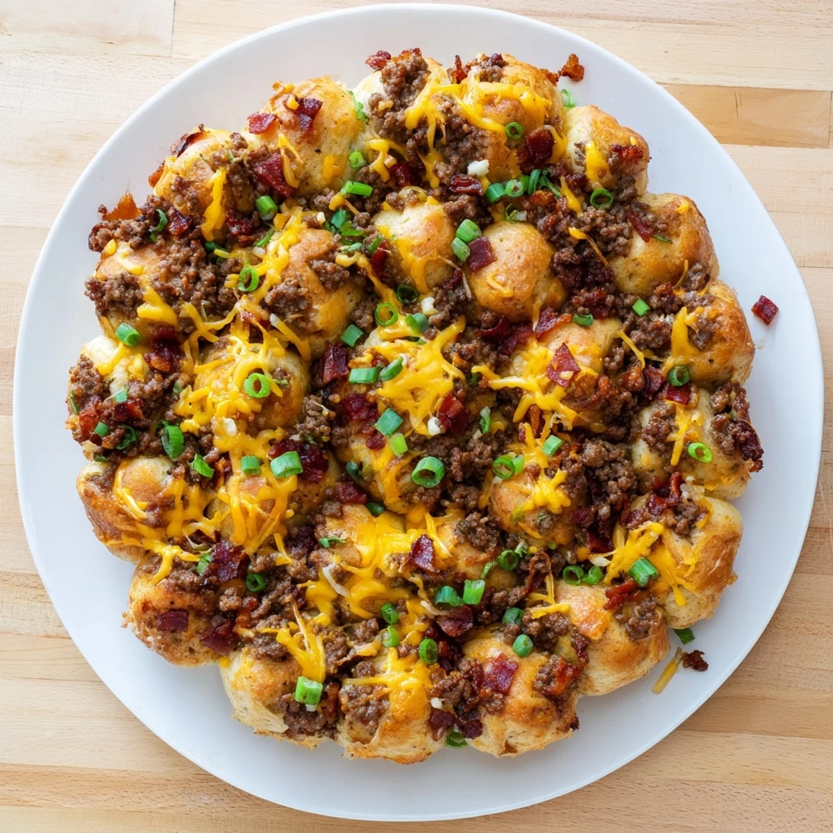 Golden brown cheesy beef bacon ranch monkey bread with melted cheddar and crispy bacon bits