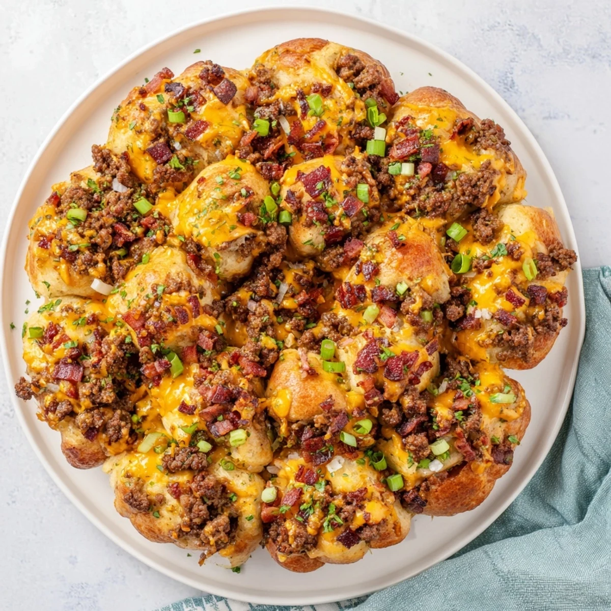 Pull-apart cheesy beef bacon ranch monkey bread loaf topped with fresh parsley and green onions