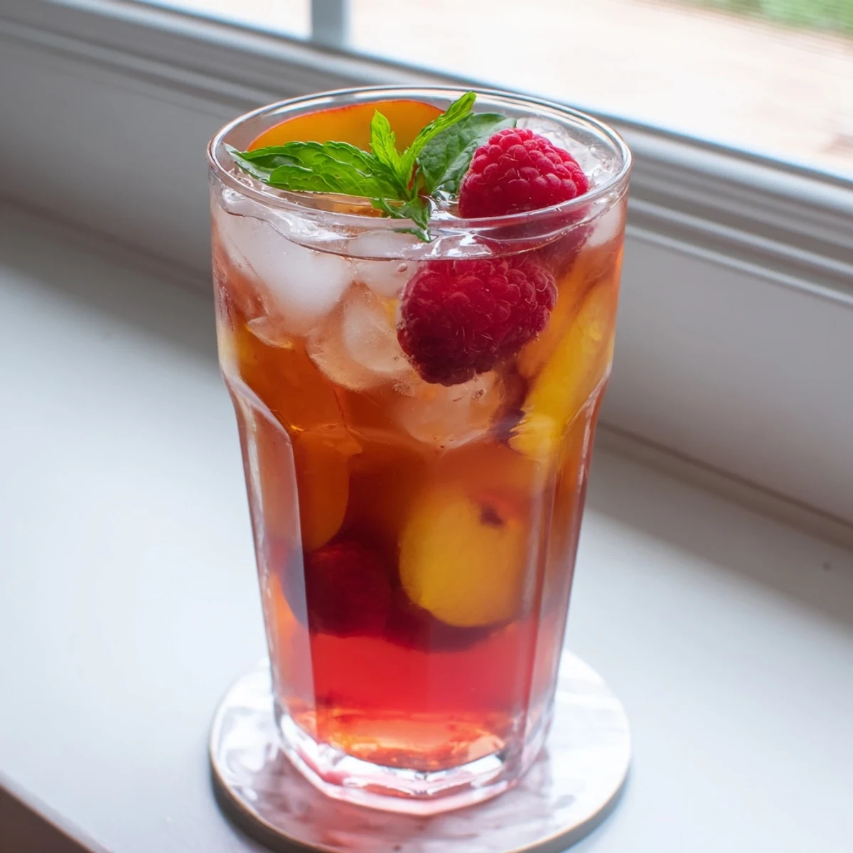Chilled summer drink with raspberries and peaches floating in sweet tea lemonade over ice cubes