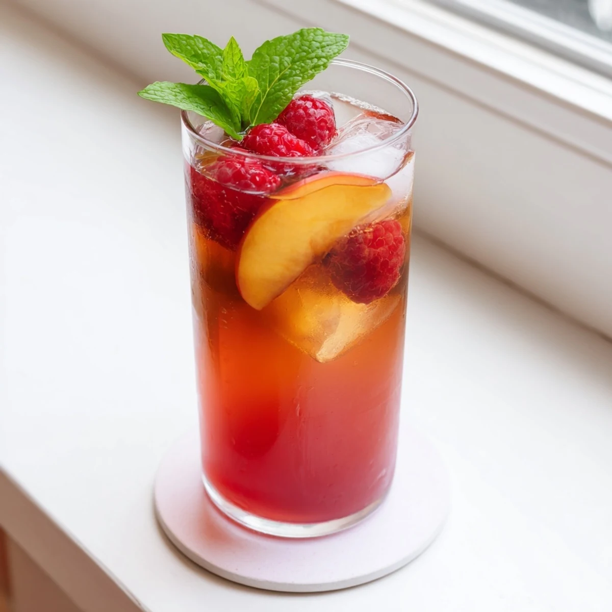 Glass of refreshing sun kissed raspberry peach iced tea lemonade garnished with fresh fruit slices and mint