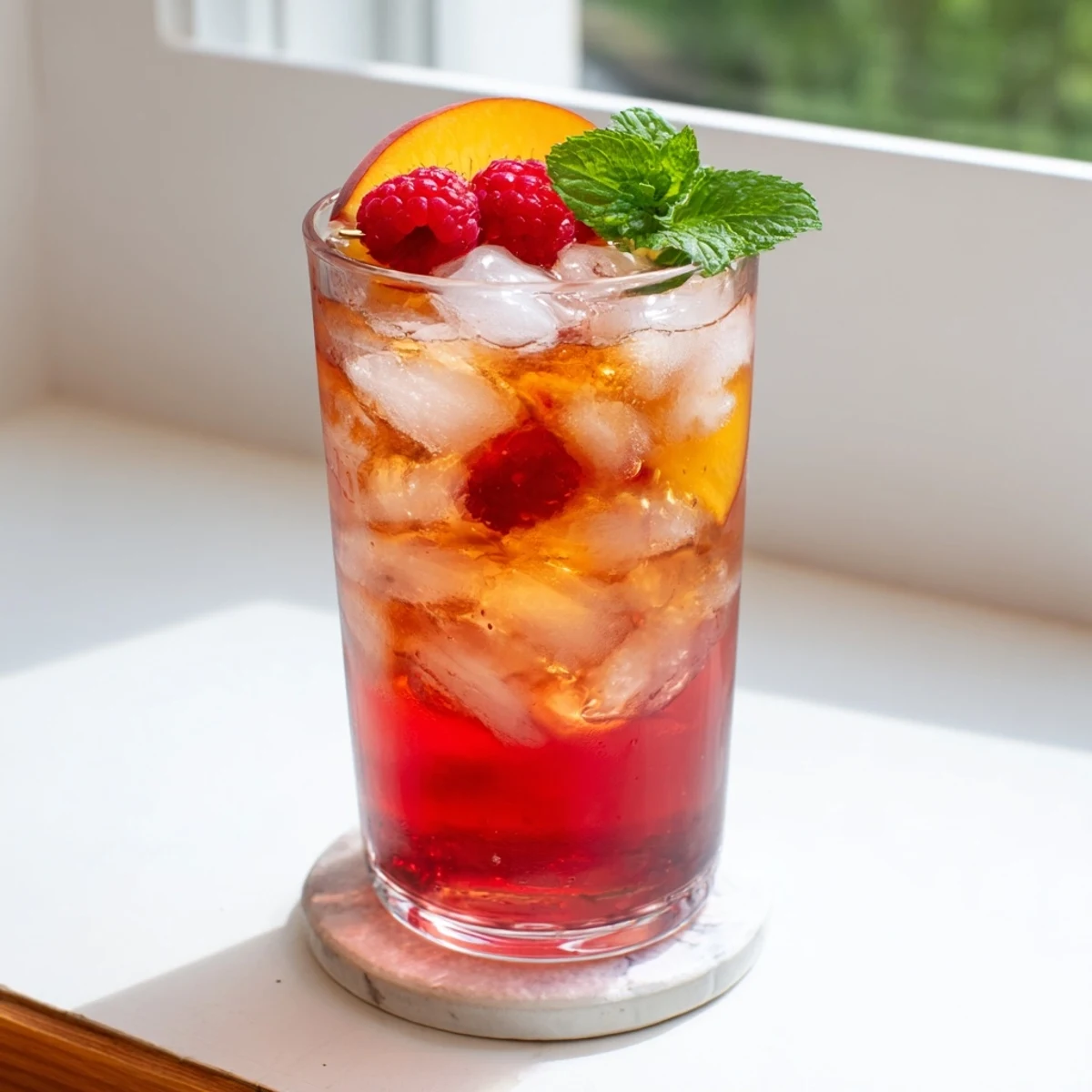 Vibrant pink beverage displaying layered raspberry peach iced tea lemonade served in a tall glass with colorful garnish