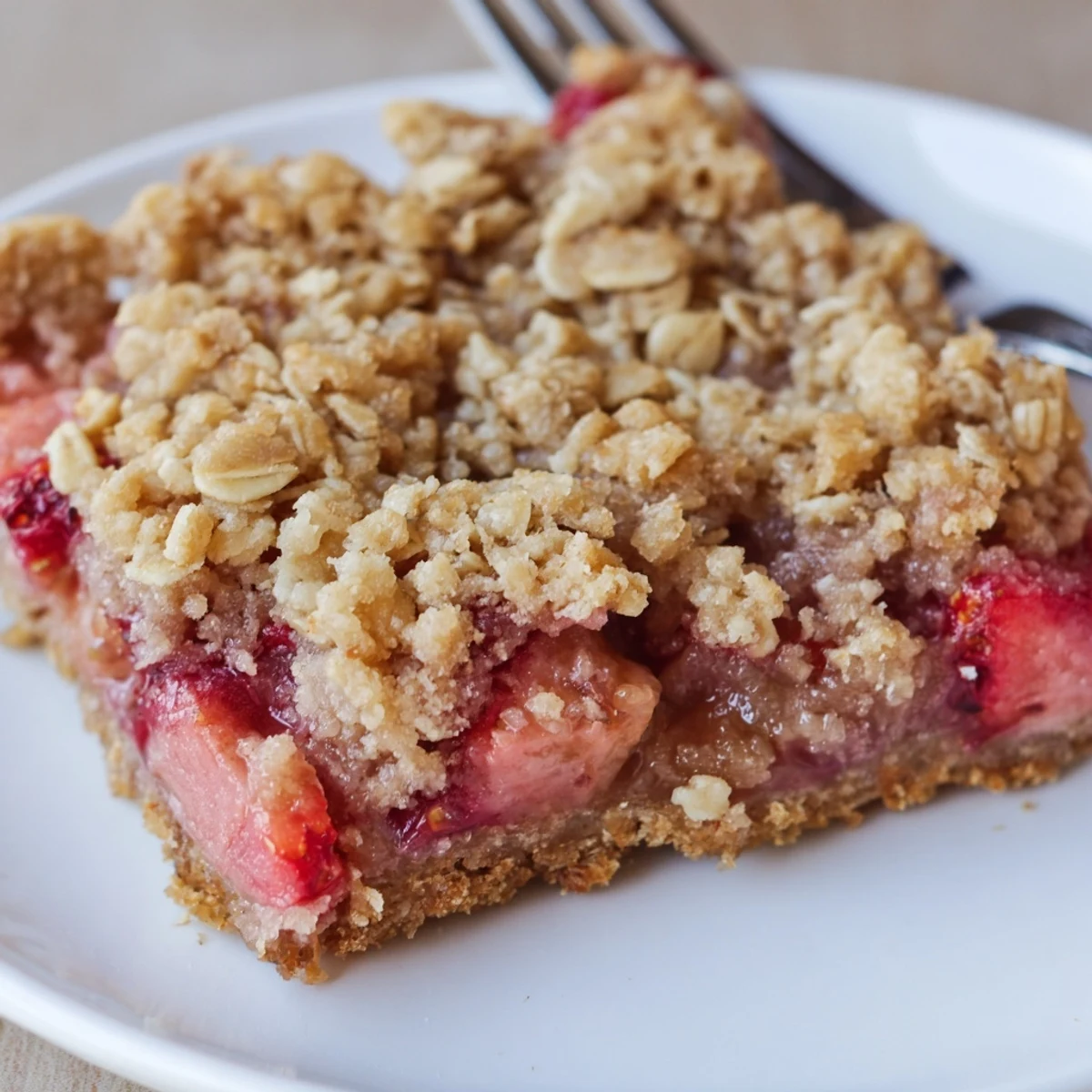 Golden strawberry rhubarb crumble bars with buttery oat crust and bubbling red fruit filling
